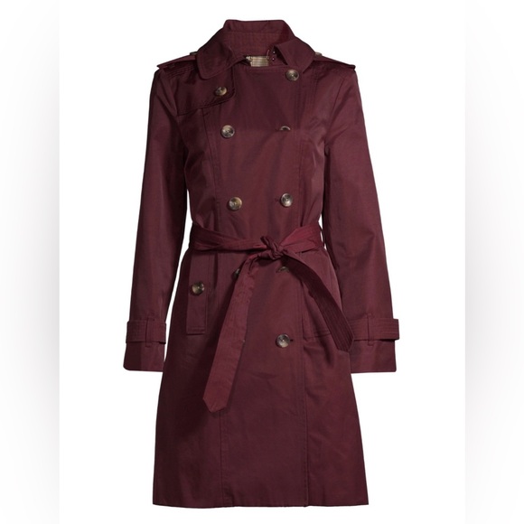 London Fog Jackets & Blazers - London Fog Women’s Trench Coat Size L Black Cherry | Removable Hood | Belted